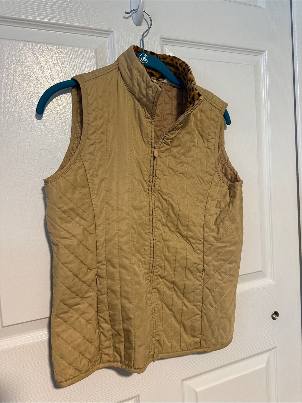 EP Pro Quilted Sleeveless Vest with Leopard Trim - Tan size medium